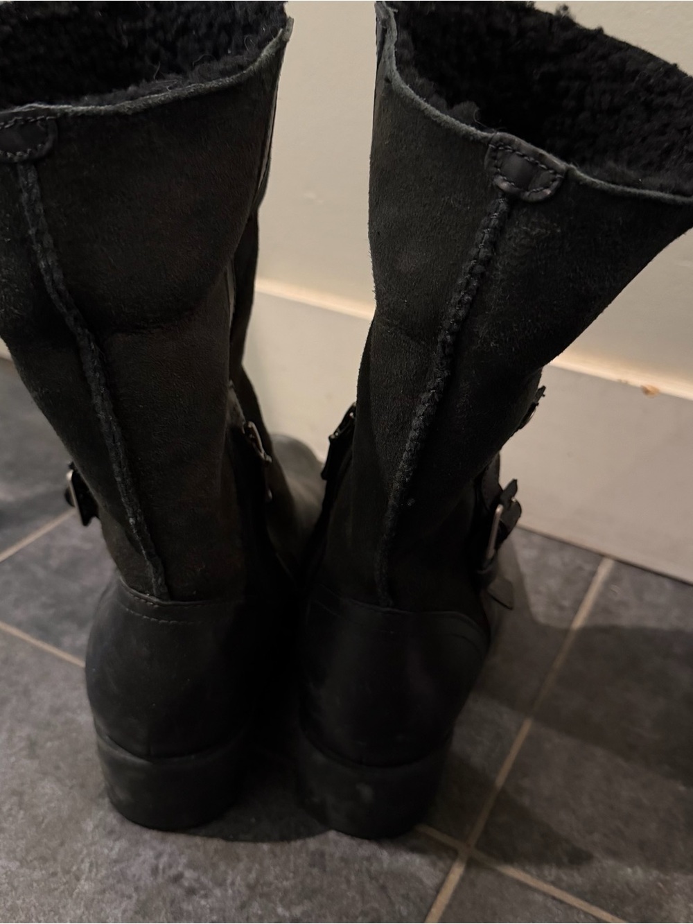 UGG Black Leather Shearling Cuff Buckle Boot - Picture 6 of 10